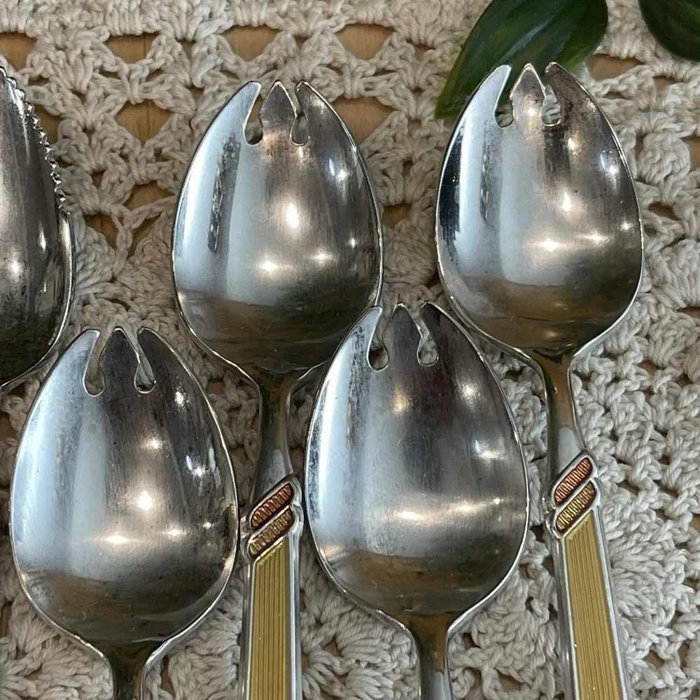 Vintage Mid Century Yellow Plastic Inlay Flatware Spoons Dessert Citrus Sporks